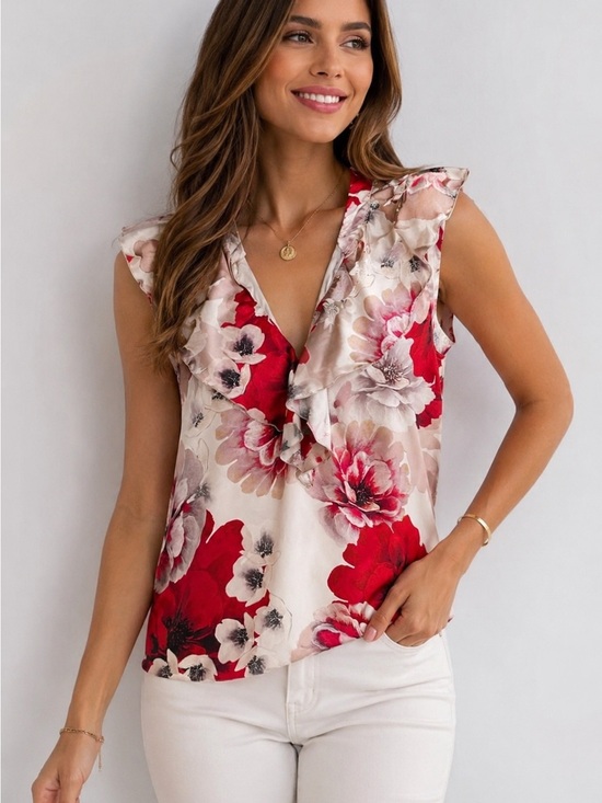 Rinascimento Tops - Rinascimento Red & Cream Floral Ruffle V-Neck Camisole